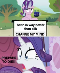 Size: 1000x1200 | Tagged: safe, derpibooru import, edit, edited screencap, screencap, rarity, starlight glimmer, unicorn, sisterhooves social, :i, change my mind, chocolate, cup, food, funny, hot chocolate, i mean i see, mematic, meme, prepare to die, shock