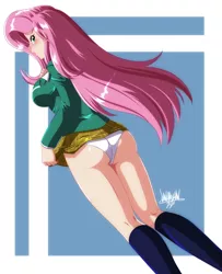 Size: 3319x4096 | Tagged: suggestive, artist:danmakuman, derpibooru import, fluttershy, human, anime, ass, blushing, breasts, busty fluttershy, butt, clothes, commission, cosplay, costume, female, flutterbutt, humanized, image, jpeg, moka akashiya, panties, panty shot, race swap, rosario to vampire, school uniform, signature, skirt, solo, solo female, underwear, white underwear