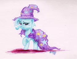 Size: 1167x903 | Tagged: safe, artist:wolfinka84, derpibooru import, trixie, pony, unicorn, cape, clothes, female, hat, lidded eyes, mare, raised hoof, smiling, smirk, solo, traditional art, trixie's cape, trixie's hat