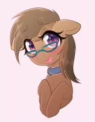 Size: 1589x2048 | Tagged: safe, artist:fluffymaiden, derpibooru import, oc, oc:dawnsong, unofficial characters only, earth pony, pony, blushing, bust, collar, female, glasses, looking at you, mare, pink background, simple background, solo