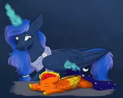 Size: 2048x1645 | Tagged: safe, artist:bluebrush09, deleted from derpibooru, derpibooru import, princess luna, oc, oc:fireheart, alicorn, pegasus, pony, blanket, commission, duo, female, magic, male, maternaluna, mother and child, mother and son, motherly love, sleepy, wholesome