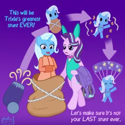 Size: 1000x1000 | Tagged: safe, artist:phallen1, derpibooru import, starlight glimmer, trixie, pony, semi-anthro, arrows, atg 2020, bag, bondage, bunny ears, bunny suit, cannon, clothes, diagram, dialogue, escape act, leotard, newbie artist training grounds, parachute, rope, straitjacket, stunt
