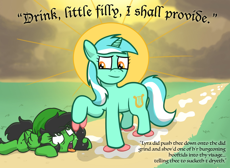 Size: 4000x2928 | Tagged: questionable, artist:magic horse, artist:plunger, derpibooru import, lyra heartstrings, oc, oc:anonfilly, pegasus, unicorn, blackletter, breast milk, female, filly, hooftits, lactation, milk, misplaced boobs, nipples, not salmon, nudity, simple background, text, uncial script, wat