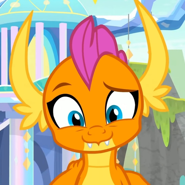 Size: 1080x1080 | Tagged: cropped, cute, derpibooru import, dragon, dragoness, edit, edited screencap, fangs, female, hand on shoulder, horns, kid, looking at you, raised eyebrow, safe, screencap, smiling, smolder, smolderbetes, solo, teenaged dragon, teenager, treehouse of harmony, uprooted