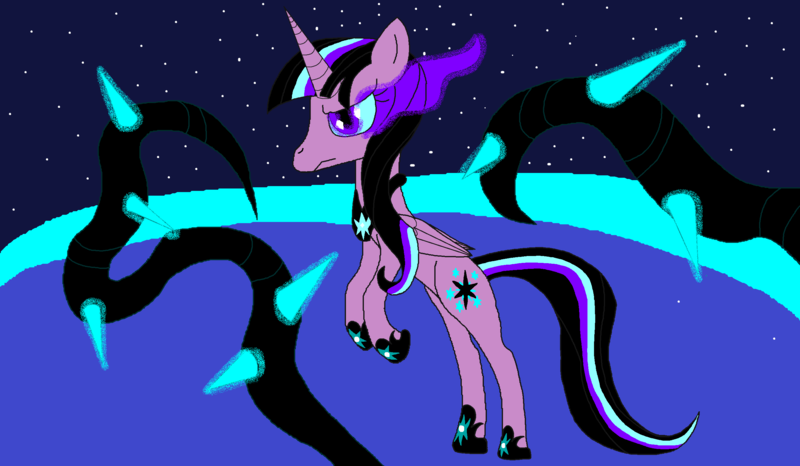 Size: 2680x1560 | Tagged: safe, artist:voltaradragoness, derpibooru import, twilight sparkle, twilight sparkle (alicorn), oc, oc:twivine sparkle, unofficial characters only, alicorn, pony, alicorn oc, black vine, dark magic, horn, magic, plunder seeds, solo, sombra eyes, stars, twivine sparkle, wings