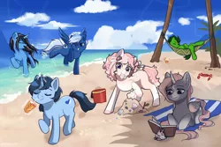 Size: 1920x1286 | Tagged: safe, artist:promiset, derpibooru import, oc, oc:blue pill, oc:lunacy, oc:silver lining, oc:verdant tome, unofficial characters only, alicorn, crab, earth pony, pegasus, unicorn, beach, book, bucket, commission, drink, drinking, drinking straw, female, hammock, juice, male, ocean, sand, seashell, towel, tree, ych result