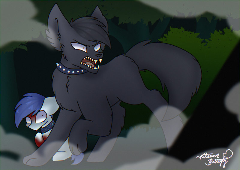 Size: 1754x1240 | Tagged: artist:tresmariasarts, blood, boofy, collar, derpibooru import, everfree forest, fangs, fog, hengstwolf, injured, oc, oc:beefy, oc:slipstream, semi-grimdark, silhouette, spiked collar, transformation, unofficial characters only, werewolf