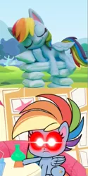 Size: 636x1272 | Tagged: safe, derpibooru import, edit, edited screencap, screencap, rainbow dash, pegasus, pony, my little pony: pony life, my little pony: stop motion short, pillow fight (short), the best of the worst, spoiler:pony life s01e02, cropped, exploitable meme, eye beams, female, glowing eyes, i sleep, mare, meme, pillow, real shit, red eyes, sleeping, solo, stop motion
