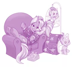 Size: 1280x1146 | Tagged: safe, artist:dstears, derpibooru import, pound cake, pumpkin cake, trixie, pegasus, pony, unicorn, alternate hairstyle, baby, baby pony, babysitter trixie, bird cage, chains, clothes, colt, diaper, female, filly, foal, glowing horn, hoodie, horn, magic, male, mare, monochrome, natg2020, phasing, purple, simple background, telephone, trio, white background
