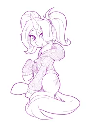 Size: 1000x1408 | Tagged: safe, artist:dstears, derpibooru import, trixie, pony, unicorn, alternate hairstyle, babysitter trixie, clothes, female, hoodie, horn, looking at you, mare, monochrome, purple, simple background, solo, white background