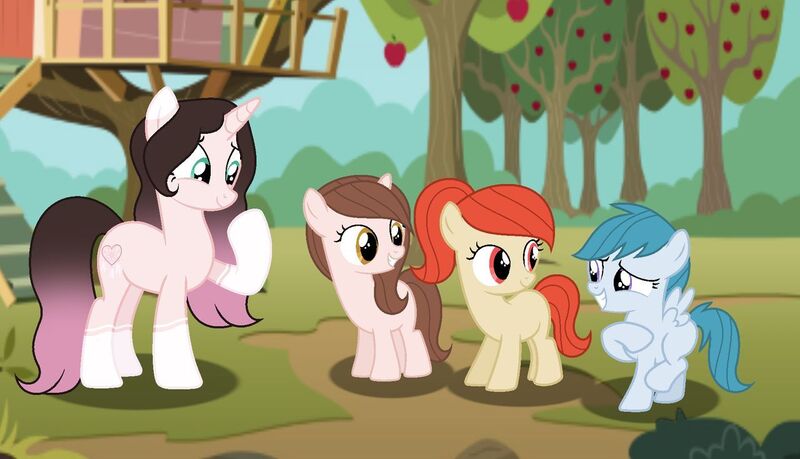 Size: 1280x734 | Tagged: safe, artist:cindydreamlight, derpibooru import, oc, oc:cindy, unofficial characters only, earth pony, pegasus, pony, unicorn, apple, apple tree, clubhouse, crusaders clubhouse, female, filly, food, tree