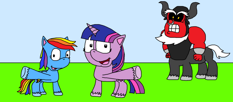 Size: 1868x822 | Tagged: safe, artist:logan jones, derpibooru import, lord tirek, rainbow dash, twilight sparkle, centaur, pegasus, pony, unicorn, adventures of sonic the hedgehog, cloven hooves, smiling, style emulation, unicorn twilight, unshorn fetlocks