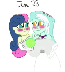 Size: 1280x1405 | Tagged: safe, artist:horroraceman93, derpibooru import, bon bon, lyra heartstrings, sweetie drops, equestria girls, blushing, bridal carry, carrying, clothes, dress, female, lesbian, lyrabon, marriage, married, pride month, shipping, simple background, transparent background, wedding dress