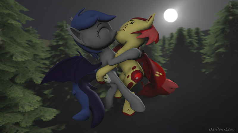 Size: 1280x720 | Tagged: safe, alternate version, artist:batponyecho, derpibooru import, oc, oc:echo, oc:ruby splash, unofficial characters only, bat pony, pony, 3d, bat pony oc, bat wings, commission, cutie mark, eyes closed, female, flying, forest, kissing, lesbian, mare, moon, night, oc x oc, shipping, source filmmaker, spread wings, tail, tree, wings, ych result