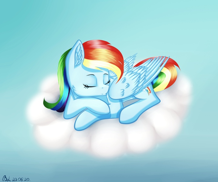 Size: 3000x2500 | Tagged: safe, artist:brilliant-luna, derpibooru import, rainbow dash, pegasus, pony, backwards cutie mark, cheek fluff, cloud, ear fluff, eyes closed, female, lying down, lying on a cloud, mare, on a cloud, prone, sleeping, solo