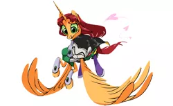 Size: 1100x671 | Tagged: safe, artist:house-of-tykayl, derpibooru import, ponified, alicorn, earth pony, pony, cape, clothes, costume, crossover, female, flying, holding a pony, implied shipping, male, mare, mask, robin (teen titans), simple background, stallion, starfire, teen titans, the magic of friendship, white background