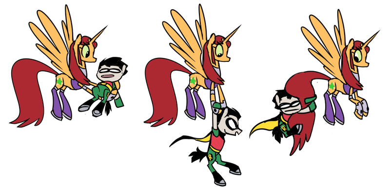 Size: 1000x493 | Tagged: safe, artist:house-of-tykayl, derpibooru import, ponified, alicorn, earth pony, pony, cape, clothes, costume, crossover, female, flying, holding a pony, implied shipping, male, mare, mask, robin (teen titans), simple background, stallion, starfire, teen titans, the magic of friendship, white background