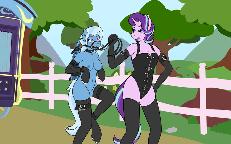 Size: 4451x2783 | Tagged: questionable, artist:magic-violet, derpibooru import, starlight glimmer, trixie, anthro, bat pony, unicorn, bat ponified, bdsm, bit gag, bondage, bondage mitts, bound wings, breasts, bridle, chains, clothes, collar, corset, cuffs, evening gloves, female, femdom, femsub, gag, gloves, hoof boots, hoof gloves, lock, long gloves, nipples, nudity, padlock, pony play, race swap, reins, submissive, tack, the weak and powerless trixie, trixie's wagon, wings