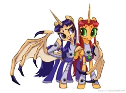 Size: 1280x946 | Tagged: safe, artist:house-of-tykayl, derpibooru import, ponified, alicorn, pony, beanbrows, blackfire, claws, clothes, costume, crossover, dragon wings, eyebrows, female, siblings, simple background, sisters, smiling, solo, starfire, teen titans, white background, wings