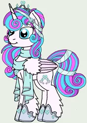 Size: 668x946 | Tagged: safe, artist:rosefang16, derpibooru import, princess flurry heart, alicorn, pony, astralverse, alternate hairstyle, clothes, crown, ear fluff, ear piercing, earring, female, gray background, hoof shoes, jewelry, leg fluff, mare, older, older flurry heart, piercing, regalia, scarf, simple background, solo