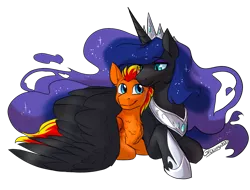 Size: 1250x950 | Tagged: safe, artist:its-gloomy, derpibooru import, nightmare moon, oc, oc:fireheart, alicorn, pegasus, pony, tumblr:ask queen moon, canon x oc, commission, female, hug, image, male, mother and child, mother and son, motherly love, png, simple background, transparent background, wholesome, winghug