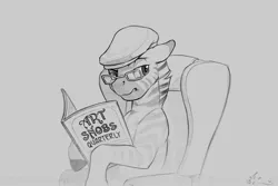 Size: 900x600 | Tagged: safe, artist:amarynceus, deleted from derpibooru, derpibooru import, oc, unofficial characters only, zebra, armchair, flat cap, glasses, grayscale, hat, image, jpeg, magazine, monochrome, pencil drawing, solo, traditional art