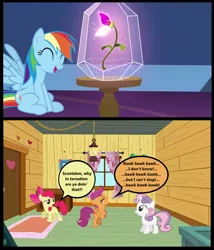 Size: 1270x1486 | Tagged: safe, derpibooru import, edit, edited screencap, editor:scootabuser, screencap, apple bloom, rainbow dash, scootaloo, sweetie belle, earth pony, pegasus, pony, unicorn, growing up is hard to do, abuse, behaving like a chicken, clubhouse, clucking, crusaders clubhouse, crying, cutie mark crusaders, female, filly, flower, laughing, mare, rainbow douche, scootachicken, wishing flower