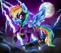 Size: 1170x1024 | Tagged: safe, artist:meqiopeach, derpibooru import, rainbow dash, pegasus, luna eclipsed, art, clothes, cloud, costume, cute, cutie mark, dark clouds, dashabetes, digital, drawing, fanart, flying, halloween, halloween costume, holiday, lightning, moon, multicolored hair, my little pony, night, night sky, nightmare night, nightmare night costume, rainbow, rainbow hair, raised hoof, raised tail, shading, shadowbolt dash, shadowbolts, shadowbolts costume, simple background, sky, smiling, solo, spread wings, tail, wings