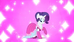 Size: 2000x1125 | Tagged: safe, derpibooru import, screencap, rarity, pony, unicorn, too many pinkie pies, alternate hairstyle, clothes, dress, female, lidded eyes, mare, mid-blink screencap, outfit catalog, pink background, raised hoof, simple background, smiling, sparkles