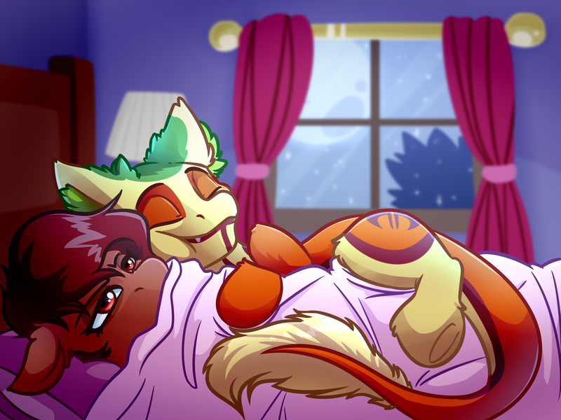 Size: 4000x3000 | Tagged: ah yes me my girlfriend and her x, artist:witchtaunter, bedroom, cuddling, cuddling in bed, derpibooru import, meme, oc, oc:non toxic, oc:penny, safe, spooning, unamused