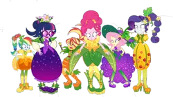 Size: 1280x720 | Tagged: safe, artist:victorfazbear, derpibooru import, edit, edited screencap, screencap, fluttershy, pinkie pie, rainbow dash, rarity, sci-twi, sunset shimmer, twilight sparkle, equestria girls, equestria girls series, holidays unwrapped, spoiler:eqg series (season 2), background removed, carrot, corn, cornucopia costumes, eggplant sparkle, food, grapes, inflatable, inflatable dress, o come all ye squashful, simple background, transparent background