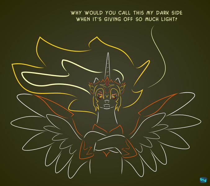 Size: 700x620 | Tagged: safe, artist:quint-t-w, derpibooru import, daybreaker, alicorn, pony, armor, atg 2020, crossed hooves, fangs, female, gradient background, looking at you, mane of fire, minimalist, modern art, newbie artist training grounds, solo, talking