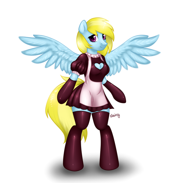 Size: 4000x4000 | Tagged: safe, artist:skairsy, derpibooru import, oc, oc:cloud cuddler, unofficial characters only, anthro, pegasus, pony, unguligrade anthro, arm hooves, clothes, commission, cute, female, maid, maid headdress, simple background, solo, spread wings, white background, wings, ych result