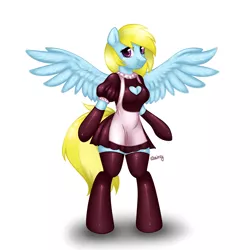 Size: 4000x4000 | Tagged: safe, artist:skairsy, derpibooru import, oc, oc:cloud cuddler, unofficial characters only, anthro, pegasus, pony, unguligrade anthro, arm hooves, clothes, commission, cute, female, maid, maid headdress, simple background, solo, spread wings, white background, wings, ych result