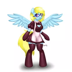 Size: 4000x4000 | Tagged: safe, alternate version, artist:skairsy, derpibooru import, oc, oc:cloud cuddler, unofficial characters only, anthro, pegasus, pony, unguligrade anthro, accessories, arm hooves, clothes, commission, cute, female, glasses, maid, maid headdress, simple background, solo, spread wings, white background, wings, ych result
