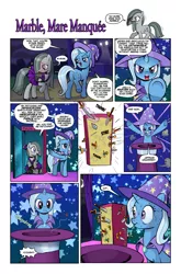 Size: 1268x1920 | Tagged: safe, artist:pencils, derpibooru import, marble pie, trixie, earth pony, insect, moth, pony, unicorn, comic:marble mare manquee, blushing, butt, cape, clothes, comic, cute, dress, duo, female, fishnets, hat, implied death, implied murder, lip bite, marblebetes, mare, now you fucked up, plot, socks, speech bubble, stage, stockings, sweat, sweatdrops, sword, thigh highs, this will end in death, this will end in jail time, this will end in tears, this will end in tears and/or death, top hat, underhoof, weapon