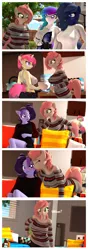 Size: 2112x5996 | Tagged: safe, artist:anthroponiessfm, derpibooru import, oc, oc:atari, oc:aurora starling, oc:midnight music, oc:raven storm, oc:spicy flavor, anthro, earth pony, pony, unicorn, 3d, :p, anthro oc, blushing, booty shorts, clothes, comic, cute, denim shorts, female, glasses, heterochromia, licking, licking face, looking at each other, looking at you, mlem, shirt, shorts, silly, smiling, source filmmaker, sports bra, surprised, sweater, tongue out