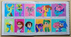 Size: 2048x1070 | Tagged: safe, artist:nickyarts1, derpibooru import, cheese sandwich, pinkie pie, sci-twi, thorax, timber spruce, twilight sparkle, anthro, changedling, changeling, earth pony, hedgehog, human, pony, six fanarts, equestria girls, :p, amy rose, anthro with ponies, antlers, beauty and the beast, belle, blushing, bridget, bust, cheesepie, clothes, crossover, eyelashes, eyes closed, female, four ships fanart, glasses, hairband, hat, hug, irl, king thorax, looking at each other, male, mare, one eye closed, open mouth, photo, scarf, shipping, sidehug, smiling, smurfette, smurfs, snow white, sonic the hedgehog, sonic the hedgehog (series), stallion, straight, timbertwi, tongue out, traditional art, trolls, trolls world tour, vest, wink