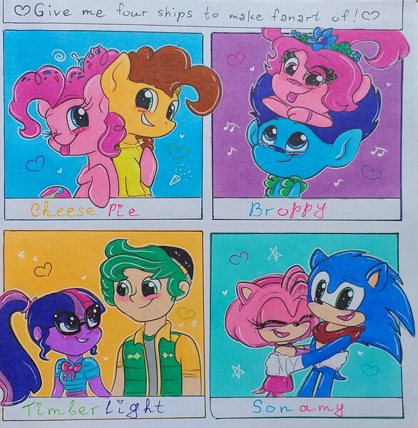Size: 1990x2038 | Tagged: safe, alternate version, artist:nickyarts1, derpibooru import, cheese sandwich, pinkie pie, sci-twi, timber spruce, twilight sparkle, anthro, earth pony, hedgehog, pony, equestria girls, :p, amy rose, anthro with ponies, blushing, cheesepie, clothes, crossover, eyes closed, female, four ships fanart, glasses, hairband, hat, hug, looking at each other, male, mare, one eye closed, open mouth, scarf, shipping, sidehug, smiling, sonic the hedgehog, sonic the hedgehog (series), stallion, straight, timbertwi, tongue out, traditional art, trolls, trolls world tour, vest, wink