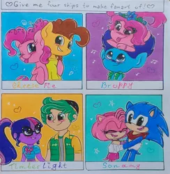 Size: 1990x2038 | Tagged: safe, alternate version, artist:nickyarts1, derpibooru import, cheese sandwich, pinkie pie, sci-twi, timber spruce, twilight sparkle, anthro, earth pony, hedgehog, pony, equestria girls, :p, amy rose, anthro with ponies, blushing, cheesepie, clothes, crossover, eyes closed, female, four ships fanart, glasses, hairband, hat, hug, looking at each other, male, mare, one eye closed, open mouth, scarf, shipping, sidehug, smiling, sonic the hedgehog, sonic the hedgehog (series), stallion, straight, timbertwi, tongue out, traditional art, trolls, trolls world tour, vest, wink