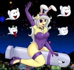 Size: 4600x4336 | Tagged: anthro, artist:big brawler, boo, breasts, bunny suit, clothes, derpibooru import, dr. strangelove, evening gloves, female, gloves, high heels, jewelry, long gloves, long hair, missile, necklace, oc, oc:spettra, oc:spokey, parodius, parody, rule 63, shoes, suggestive, unofficial characters only