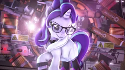 Size: 7680x4320 | Tagged: safe, artist:calveen, derpibooru import, starlight glimmer, pony, unicorn, 3d, 8k, absurd resolution, alternate hairstyle, aperture science, badass, boots, clothes, coat, collar, female, glasses, laboratory, mare, portal (valve), scientist, shoes, sign, smiling, solo, source filmmaker, welding