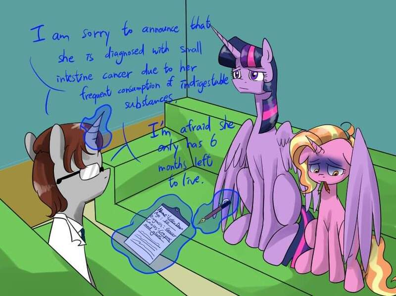 Size: 881x658 | Tagged: safe, artist:ce2438, derpibooru import, luster dawn, twilight sparkle, twilight sparkle (alicorn), oc, alicorn, pony, unicorn, cancer, clipboard, clothes, couch, doctor, female, frown, glasses, glowing horn, grimderp, horn, hug, lab coat, magic, mare, mouth hold, pencil, pencil in mouth, sad, sitting, telekinesis, unicorn oc, winghug