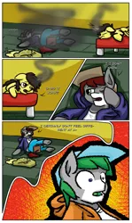 Size: 3574x6005 | Tagged: safe, artist:khaki-cap, derpibooru import, oc, oc:khaki-cap, oc:tommy the human, alicorn, earth pony, comic:magical mishaps, alicorn oc, bed, clothes, commissioner:bigonionbean, earth pony oc, food, furniture, horn, house, hue, jean thicc, laying on ground, magic, oats, small eyes, smoke, tired, uncle khaki, wings