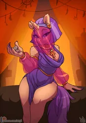 Size: 910x1300 | Tagged: safe, artist:atryl, derpibooru import, oc, oc:oasis shade, unofficial characters only, anthro, unicorn, ankh, bedroom eyes, breasts, caravan, cleavage, dice, ear piercing, earring, egyptian, female, jewelry, looking at you, necklace, patreon, patreon logo, piercing, sitting, solo, veil, wide hips