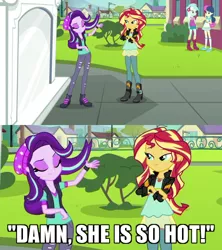 Size: 600x676 | Tagged: safe, derpibooru import, edit, edited screencap, screencap, bon bon, lyra heartstrings, starlight glimmer, sunset shimmer, sweetie drops, equestria girls, mirror magic, spoiler:eqg specials, canterlot high, caption, cropped, crossed arms, fabulous, female, hair flip, image macro, lesbian, lidded eyes, meme, sexy, shimmerglimmer, shipping, smiling, smirk, solo focus, text