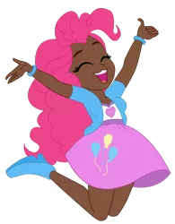 Size: 790x1011 | Tagged: safe, artist:incendiaryboobs, derpibooru import, pinkie pie, human, equestria girls, belt, boots, bracelet, chubby, clothes, dark skin, eyes closed, female, happy, humanized, jacket, jewelry, open mouth, shirt, shoes, simple background, skirt, solo, t-shirt, transparent background, wristband