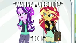 Size: 640x360 | Tagged: safe, derpibooru import, edit, edited screencap, screencap, starlight glimmer, sunset shimmer, equestria girls, mirror magic, spoiler:eqg specials, caption, clothes, female, image macro, kissing, lesbian, lidded eyes, making out, shimmerglimmer, shipping, smiling, text, wondercolt statue