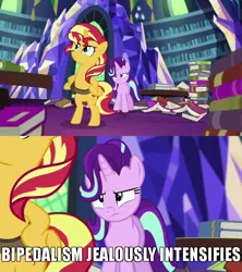 Size: 640x720 | Tagged: safe, derpibooru import, edit, edited screencap, screencap, starlight glimmer, sunset shimmer, pony, unicorn, equestria girls, mirror magic, spoiler:eqg specials, bipedal, book, caption, cropped, cute, duo, female, frown, hooves on hips, horses doing human things, image macro, in the human world for too long, jealous, library, mare, meme, shimmerbetes, text, twilight's castle, twilight's castle library, unamused, x intensifies, zoomed in
