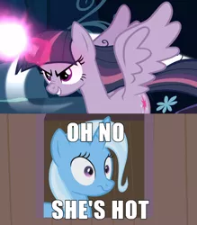 Size: 500x570 | Tagged: derpibooru import, edit, edited screencap, female, lesbian, mean twilight sparkle, mean twixie, oh no he's hot, safe, screencap, shipping, shipping domino, squilliam returns, the mean 6, trixie, twilight sparkle, twixie